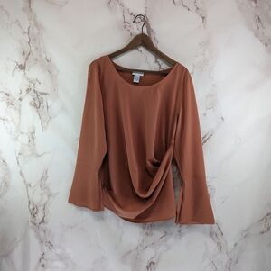 Soft Surroundings Shirt Women Large Pink Blouse Stretch Flare Slit Bell Sleeve